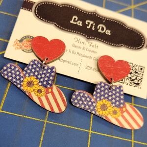 America Sunflower Patriotic Flag Heart wood Cowboy Hat Earrings